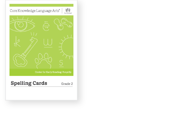 Cover of "Core Knowledge Language Arts: Spelling Cards, Grade 2" featuring symbols like an eye, lightbulb, key, paw, and letters on a green background.