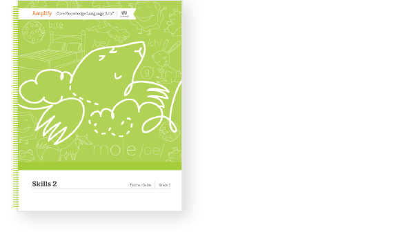 Green book cover titled "Skills 2," showing a white outline drawing of a mole above the word "mole." Background features doodles and words like "bite" and "bat.