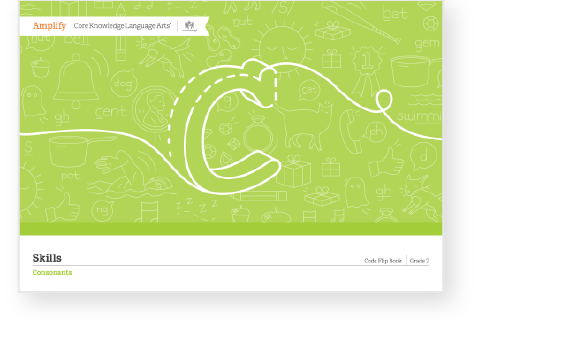 A green educational workbook cover titled "Amplify Core Knowledge Language Arts," featuring a large white letter 'C' and doodles of animals and objects in the background.