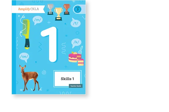 Blue book cover titled "Amplify CKLA Skills 1" featuring a large number 1, a deer, a slice of cake, a comb, and trophy icons.
