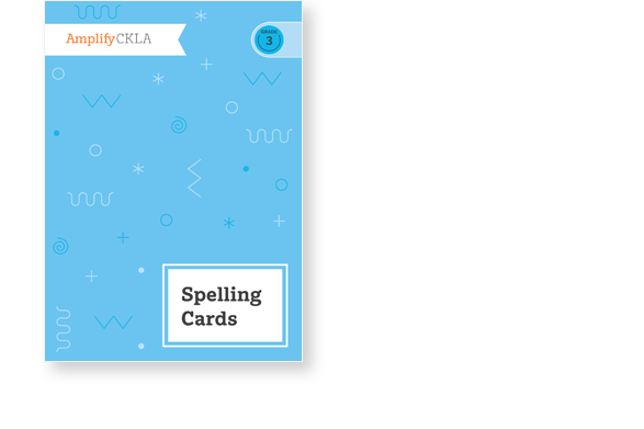Blue cover with geometric patterns, labeled "Amplify CKLA" at the top and "Spelling Cards" at the bottom, featuring a "Grade 3" badge.