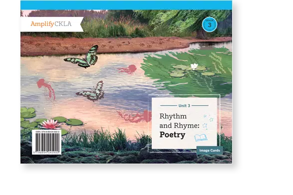 Cover of a poetry image cards book titled "Rhythm and Rhyme: Poetry," featuring butterflies and lily pads on a pond with a landscape background.