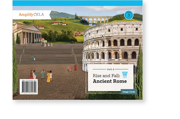 Cover image of a textbook titled "Rise and Fall: Ancient Rome" featuring the Colosseum and ancient Roman architecture with people in historical attire and distant hills.