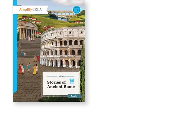 Illustrated book cover titled "Stories of Ancient Rome" by Amplify CKLA, featuring Roman architecture and people in ancient attire with hills and aqueducts in the background.
