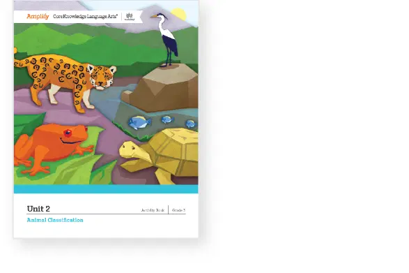 Illustrated book cover featuring a leopard, frog, turtle, crane, and jewel-like objects in a natural setting. Title reads "Unit 2 Animal Classification, Grade 3.