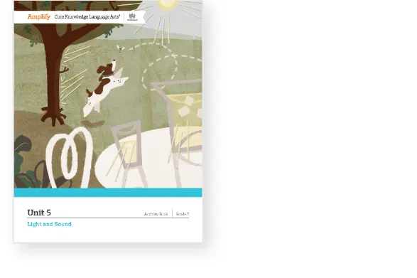 Illustrated cover of an educational book titled "Unit 5: Light and Sound" for Grade 1, depicting a tree, playing squirrels, a sun, and large glasses on a white table.