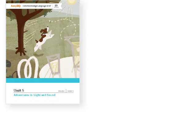 Cover of "Adventures in Light and Sound," Unit 5 Reader by Amplify, showing illustrations of a dog jumping near a tree, with abstract shapes and colors in the background.