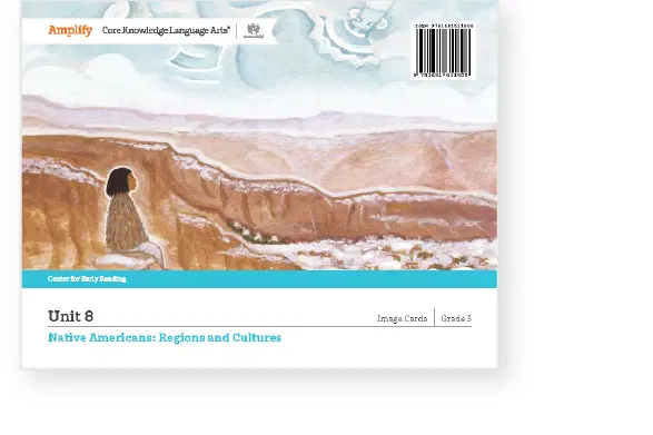 Book cover with a stylized illustration of a person in a rocky landscape under a cloudy sky. Text reads: "Unit 8 Native Americans: Regions and Cultures, Image Cards, Grade 2.