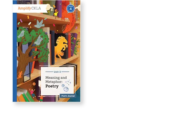 Book cover for "Meaning and Metaphor: Poetry" showing a tree, a book, and a horse silhouette, with colorful elements like leaves and stars on a bookshelf. Grade 4, Unit 3, Amplify CKLA.