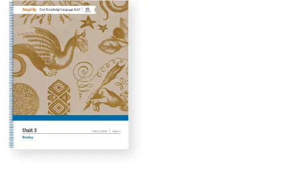 Cover of a Unit 3 Poetry workbook featuring gold illustrations of mythical creatures and designs on a brown background.