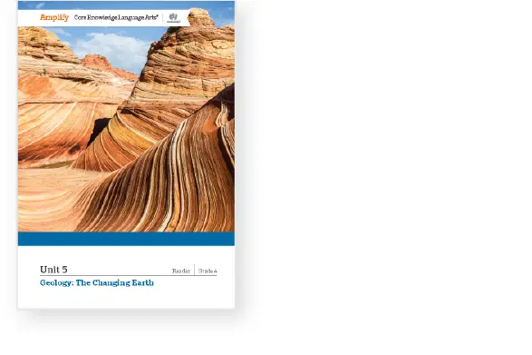 Textbook cover titled "Unit 5: Geology: The Changing Earth" featuring a photo of wave-like rock formations with layered patterns.