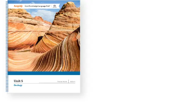 A geology textbook cover with an image of wavy, layered rock formations. The text on the cover reads "Unit 5 Geology.