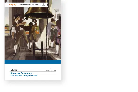 Illustration of colonial people and a large bell, with text: "Unit 7 American Revolution: The Road to Independence.