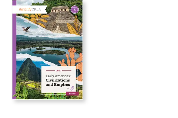 Textbook cover titled "Early Americas: Civilizations and Empires" with images of a pyramid, a landscape, and plants. Part of a Grade 5 curriculum by Amplify CKLA.