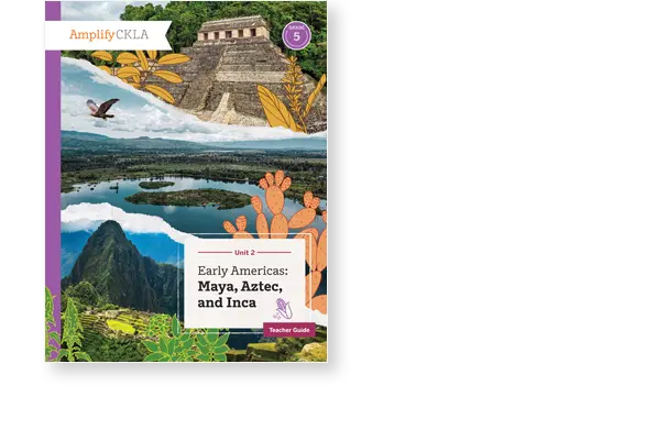 Book cover featuring illustrations of ancient structures, landscapes, and plants with the title "Early Americas: Maya, Aztec, and Inca" on top.