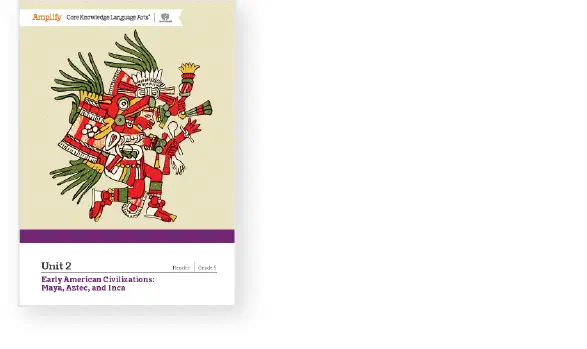 Textbook cover titled "Unit 2: Early American Civilizations: Maya, Aztec, and Inca," featuring colorful illustration of a figure in traditional attire.