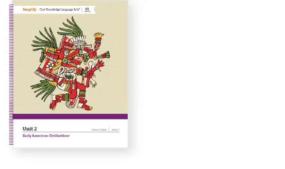 Textbook cover titled "Unit 2: Early American Civilizations" with an illustrated figure in red, white, and green, adorned with feathers and holding a staff.
