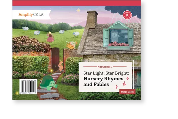A whimsical book cover featuring a countryside cottage with a red door and vibrant garden. Illustrations of Mother Goose, a tortoise, a hare, and clouds are scattered around. Title: "Nursery Rhymes and Fables.