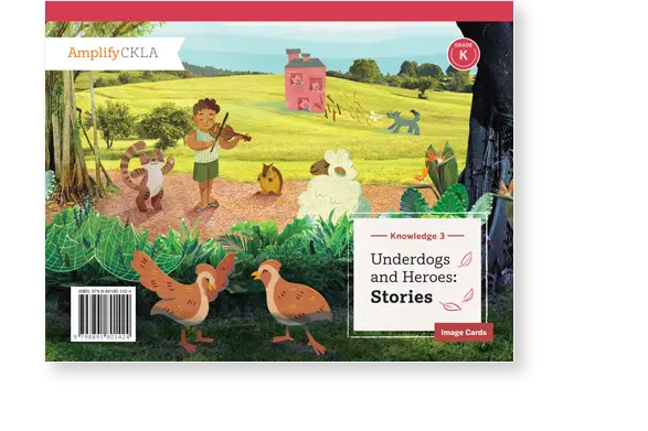 Illustration of a child playing a violin in a forest clearing, surrounded by animals including chickens, a sheep, and a bear. A large pink boot-shaped house is in the background.