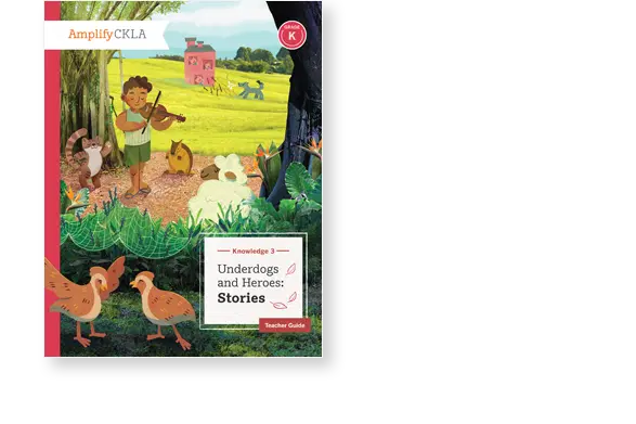 Children's book cover depicting a boy playing a violin outdoors with animals and trees, titled "Underdogs and Heroes: Stories.
