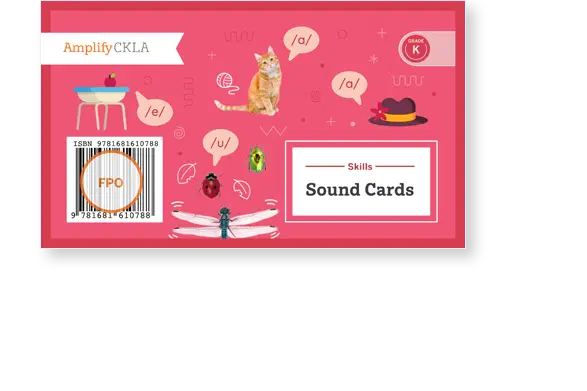 Cover of Amplify CKLA Grade K Skills Sound Cards with a bowl, cat, hat, and insects on a pink background. ISBN and barcode displayed.