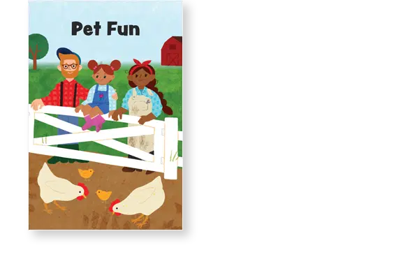 Illustration of three characters standing by a white fence. A man and two dressed animals observe chickens and chicks in the foreground, with a barn and tree in the background.