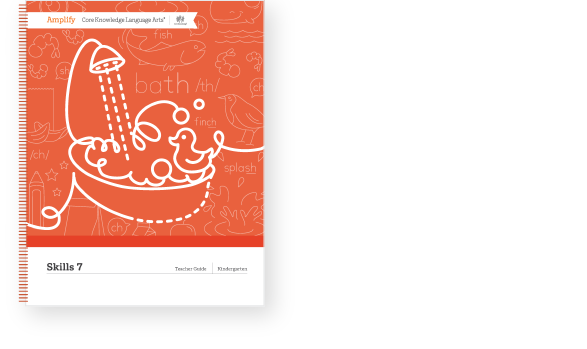 Orange language arts workbook cover with a white shower sketch, water drops, and the word "Skills 7" at the bottom. Drawings include fish, bird, and words like "bath," "th," "finch," and "splash.