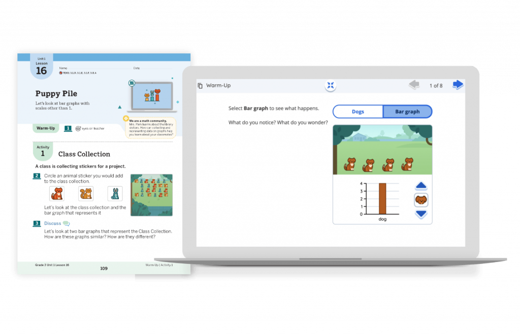A laptop displays a lesson with graphs about dogs. Next to it, a printed page shows a "Puppy Pile" lesson plan with instructions and illustrations.