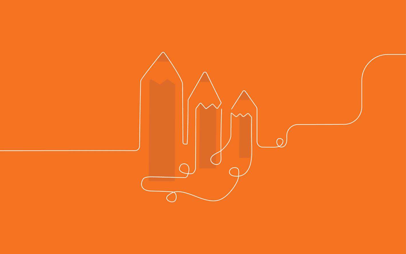 Minimalist illustration of three pencils outlined in white on an orange background, with the lines of the pencils forming part of a continuous single line drawing.