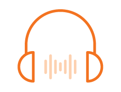 Orange outline of headphones with a sound wave symbol in the center, set against a black background.
