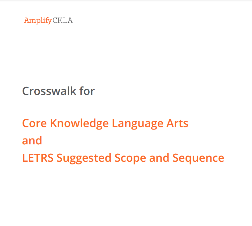 Title page with the text: "Crosswalk for Core Knowledge Language Arts and LETRS Suggested Scope and Sequence," with some headings in orange and gray.