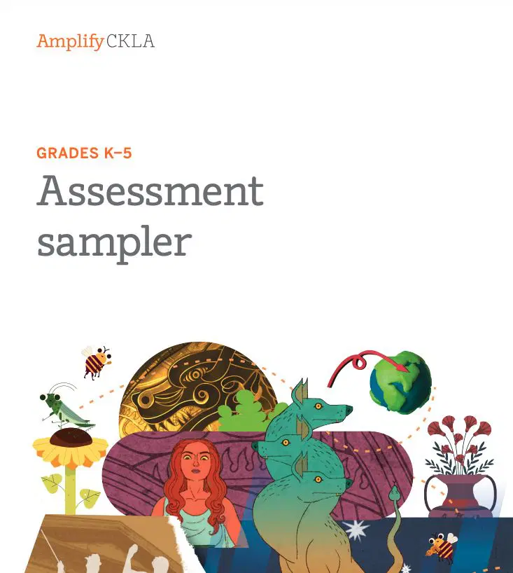 Cover of a booklet titled "Assessment sampler Grades K–5" with colorful illustrations of animals, a woman, and nature at the bottom.