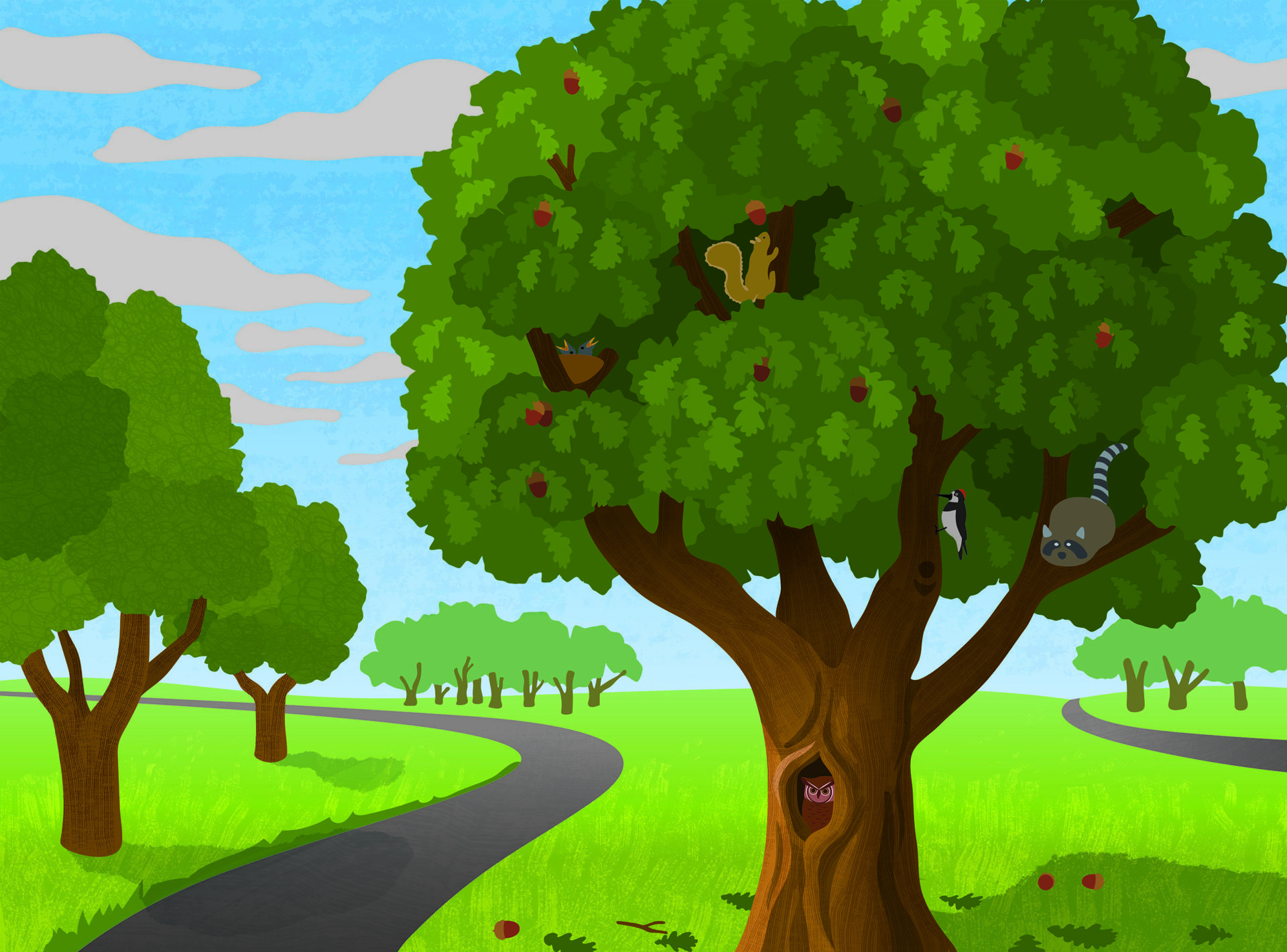 A large tree with red fruit stands beside a curved path in a grassy field. Various animals, including a raccoon, owl, squirrel, and bird, are in and around the tree.