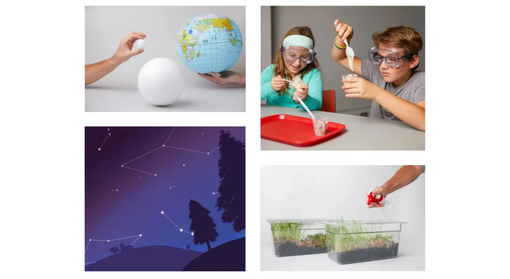 Collage of four science-themed images: a globe and model planet, two kids doing an experiment, a night sky with constellations, and a hand watering plants in clear containers.