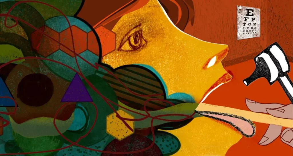 An abstract illustration of a person receiving a throat exam with a tongue depressor and flashlight, featuring geometric shapes and vibrant colors around the head.
