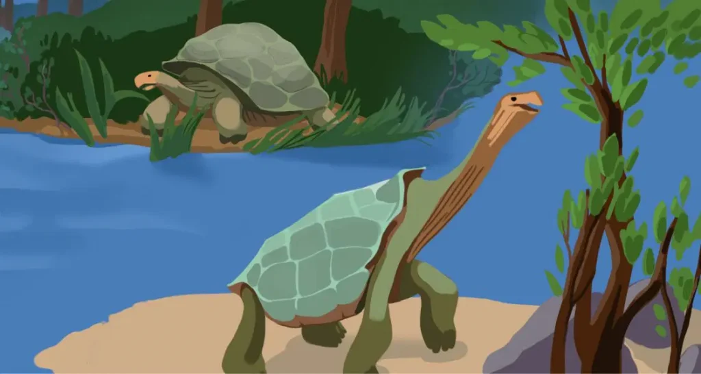 Two large prehistoric turtles with long necks are near a river; one is eating leaves from a tree while the other is by the water.
