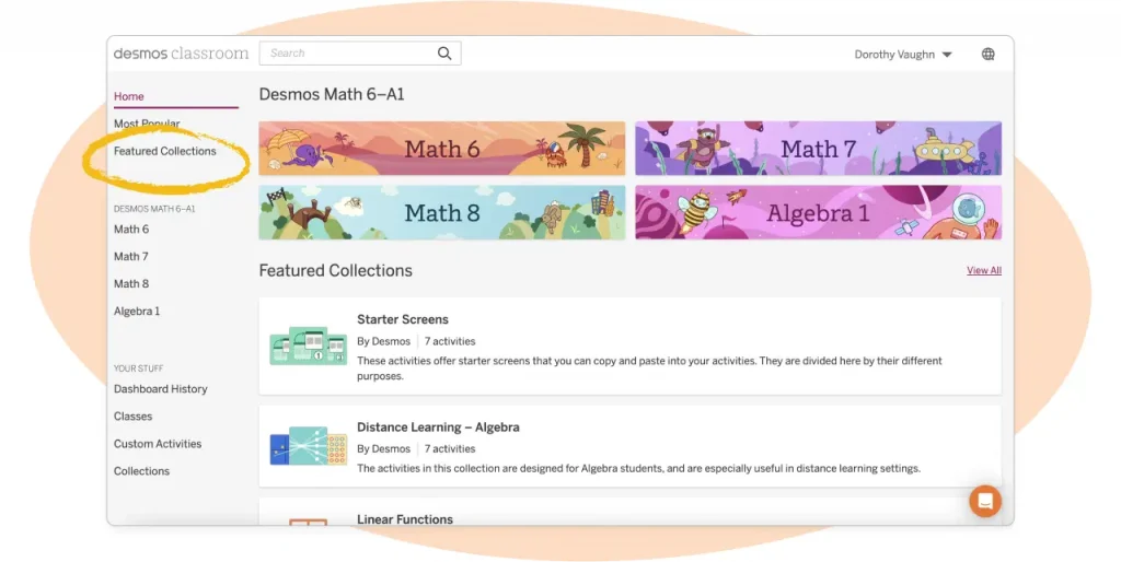 Screenshot of an educational website's dashboard, displaying colorful banners for math 6, math 7, math 8, and algebra 1 courses under the featured collections section.