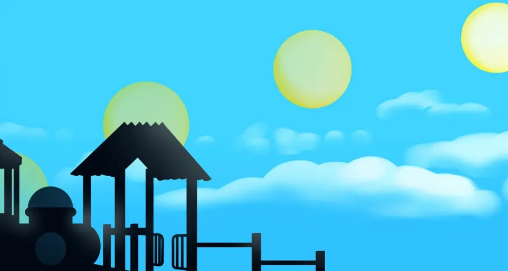 A playground silhouette with a slide and climbing structure is set against a blue sky with clouds and two large suns.