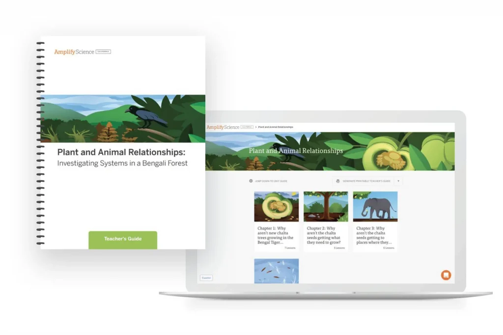 A spiral-bound teacher's guide titled "Plant and Animal Relationships" and a laptop displaying related digital content about ecosystems in a Bengali forest.