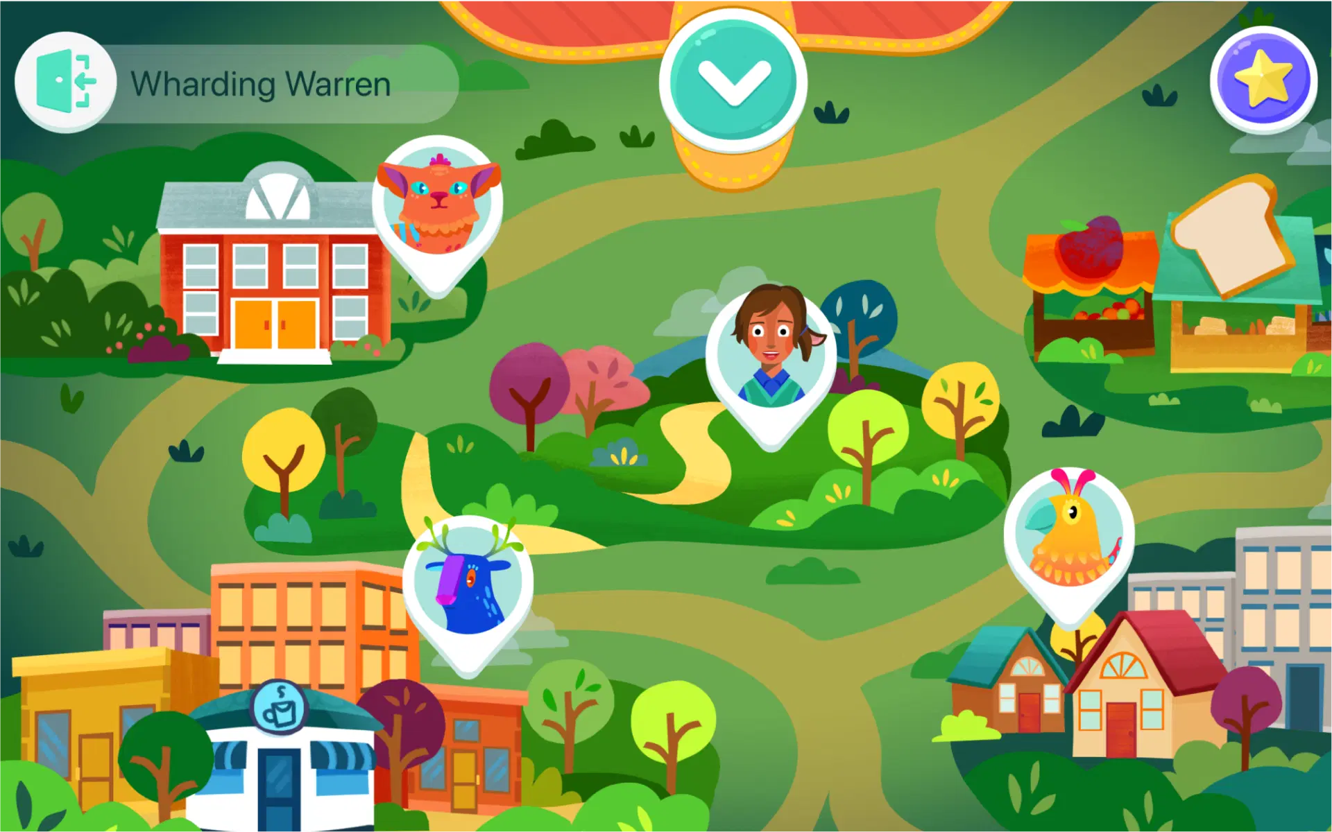 A colorful map illustration with cartoon buildings, trees, and four character icons marked with map pins at various locations. A checkmark is at the top center.