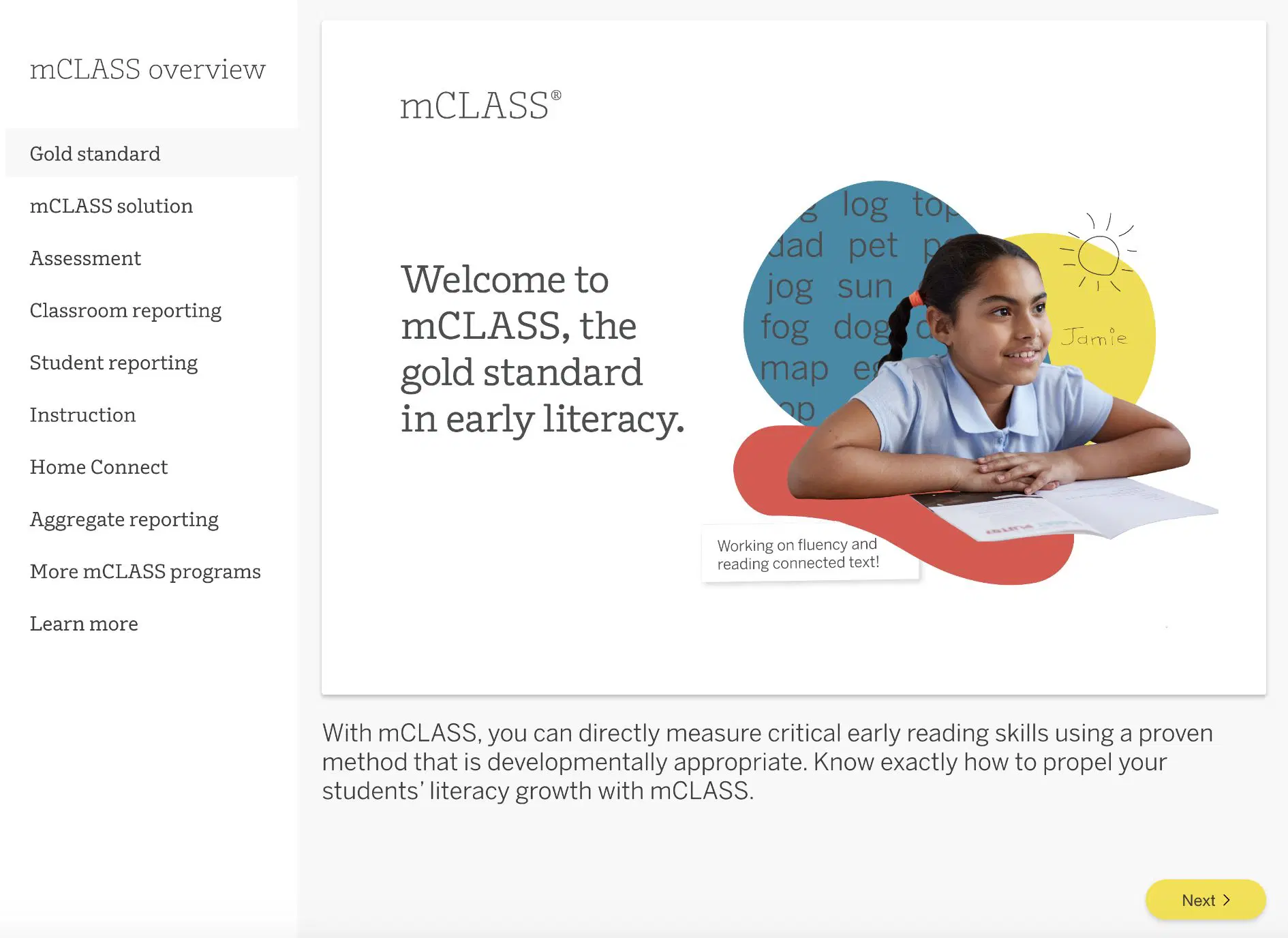 A girl sits at a desk reading a book on the mCLASS platform welcome page, with text promoting mCLASS as the gold standard in early literacy.