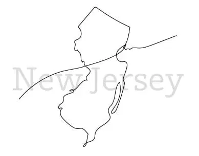 A simple line drawing of the state of New Jersey outline with the text "New Jersey" faintly in the background.