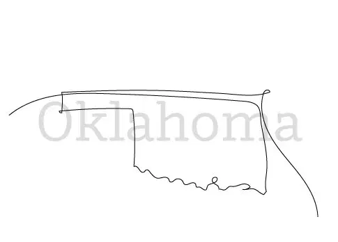 A single continuous line drawing outlines the shape of Oklahoma, with the word "Oklahoma" lightly visible in the background.