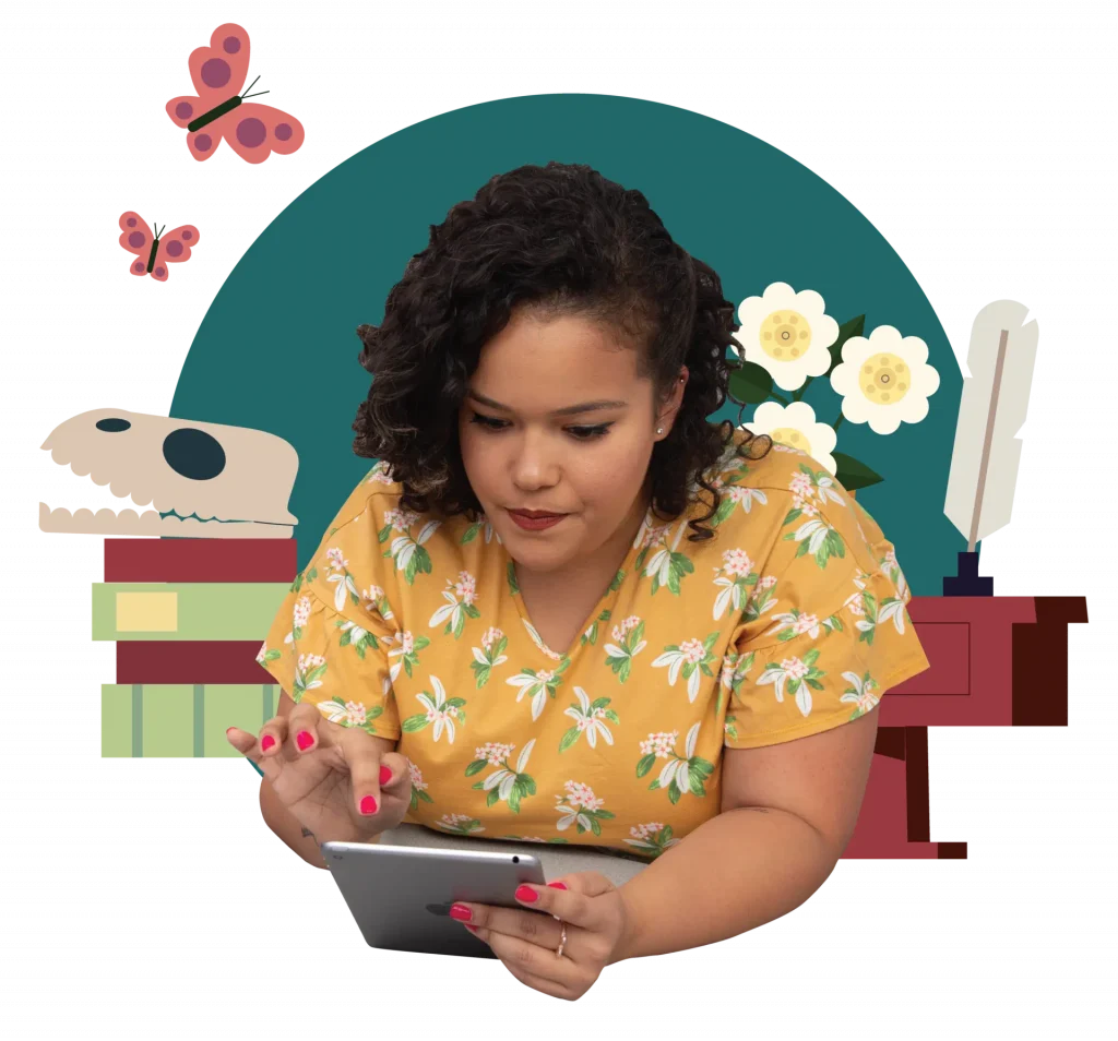 Woman in a floral shirt using a tablet, surrounded by graphical elements including flowers, a feather, and a dinosaur skull.