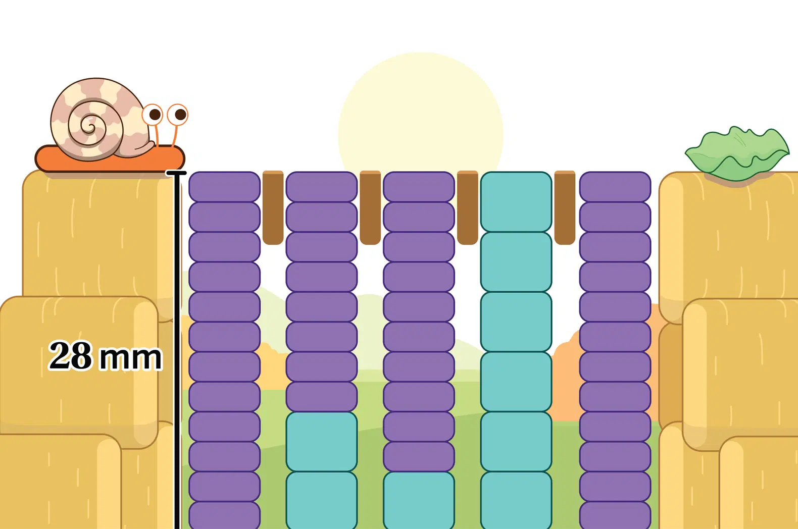 A snail sits on the edge of a cliff labeled 28 mm high, facing a gap bridged by alternating purple and blue blocks, with a leaf on the opposite ledge.