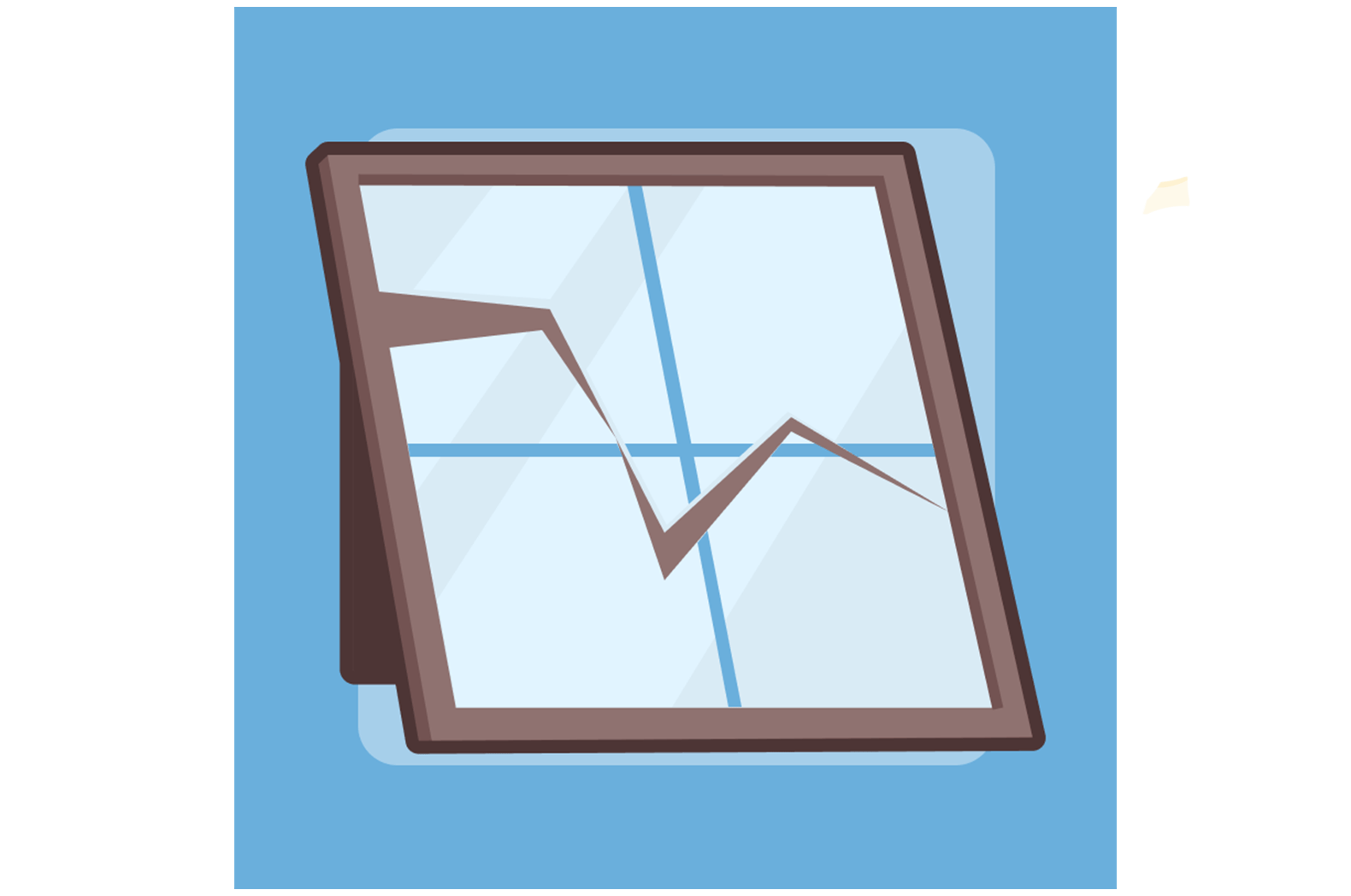 A framed window with a large crack running diagonally across the glass, set against a blue background.