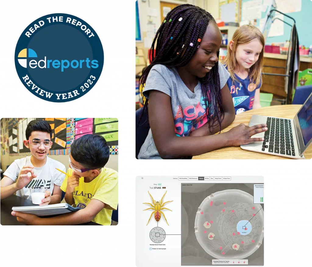 A badge for EdReports Review Year 2023, two students at a computer, two students discussing with a tablet, and an educational diagram of a spider on a screen.