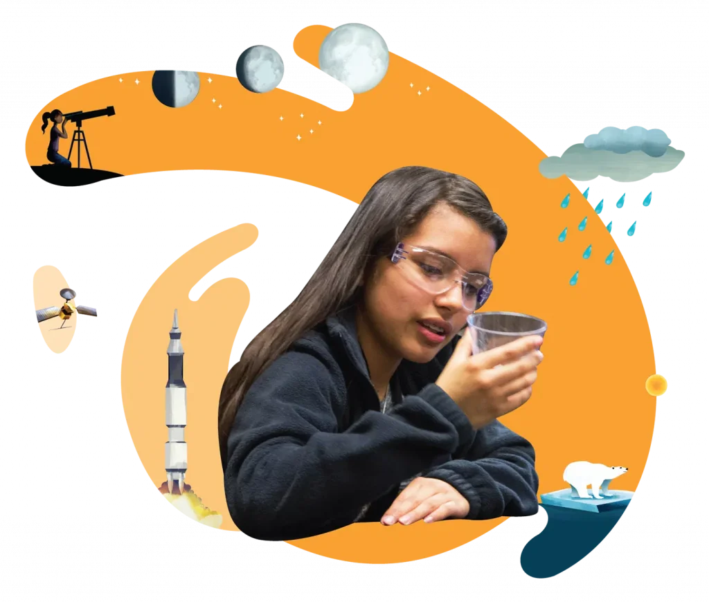 A girl wearing safety glasses examines a clear glass of water, surrounded by illustrations of a rocket, telescope, moon phases, polar bear, and weather icons.