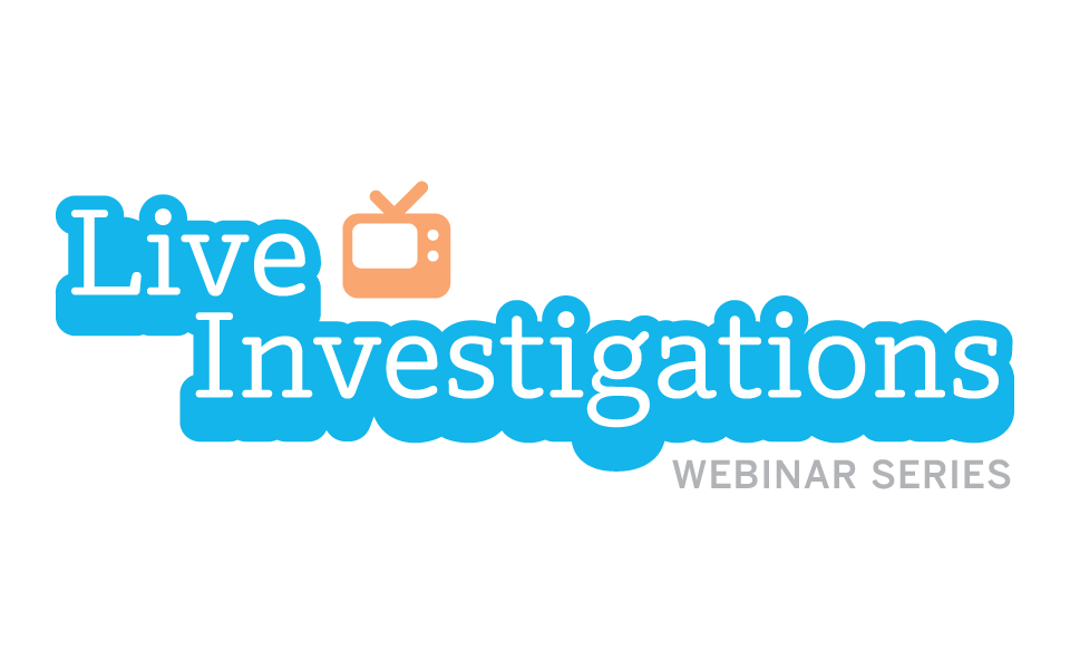 Text logo reads "Live Investigations Webinar Series" with a small orange TV icon above the word "Investigations" on a transparent background.