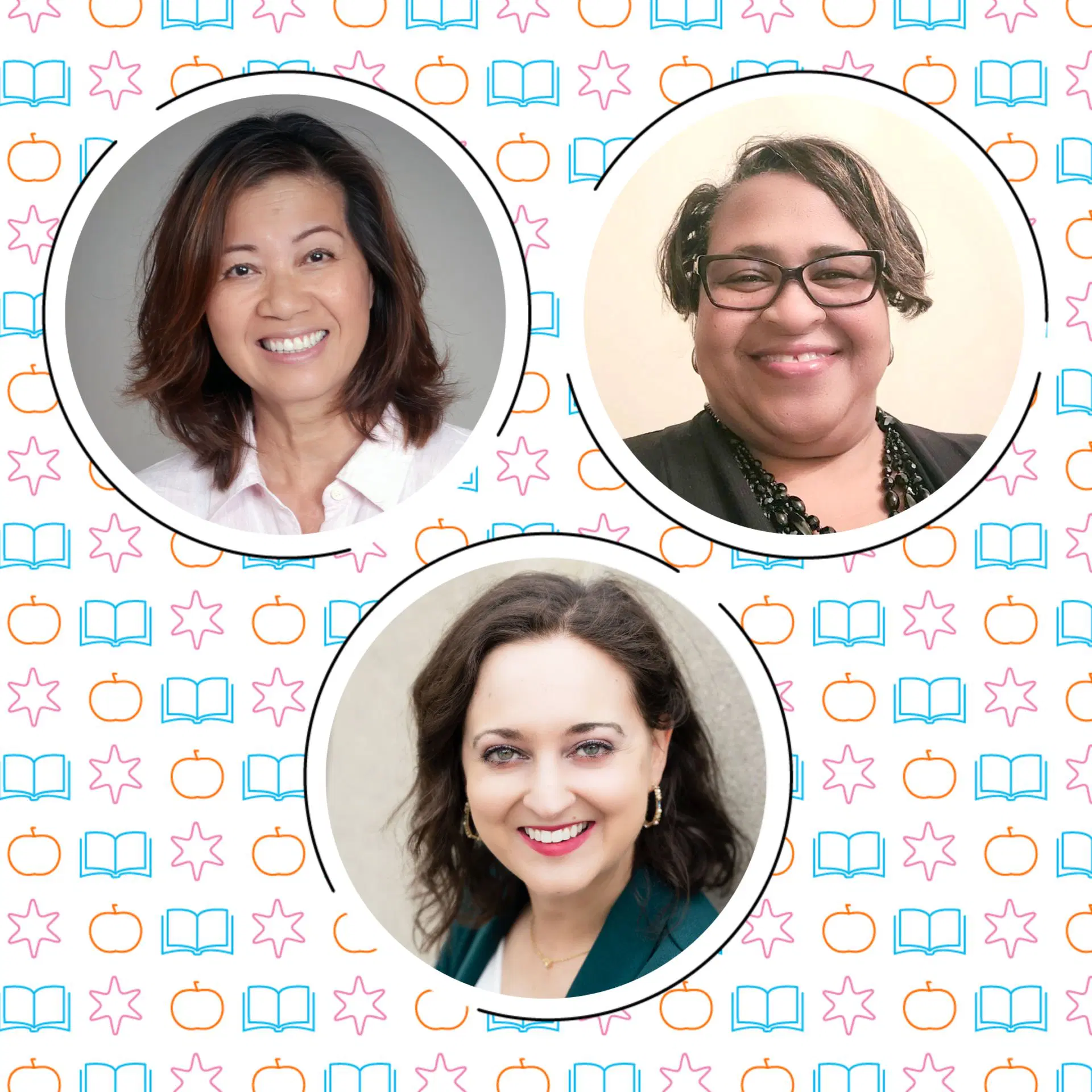 Three women, each in individual circular frames, pose and smile against a background featuring a repeated pattern of books, stars, and apples.